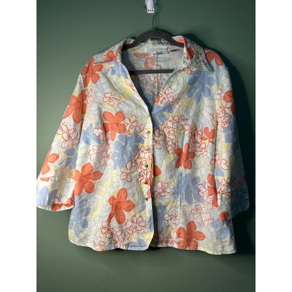 Ralsey Women's 1X Linen Shirt – Beautiful Floral Print, Bronze Metal Buttons, Bu